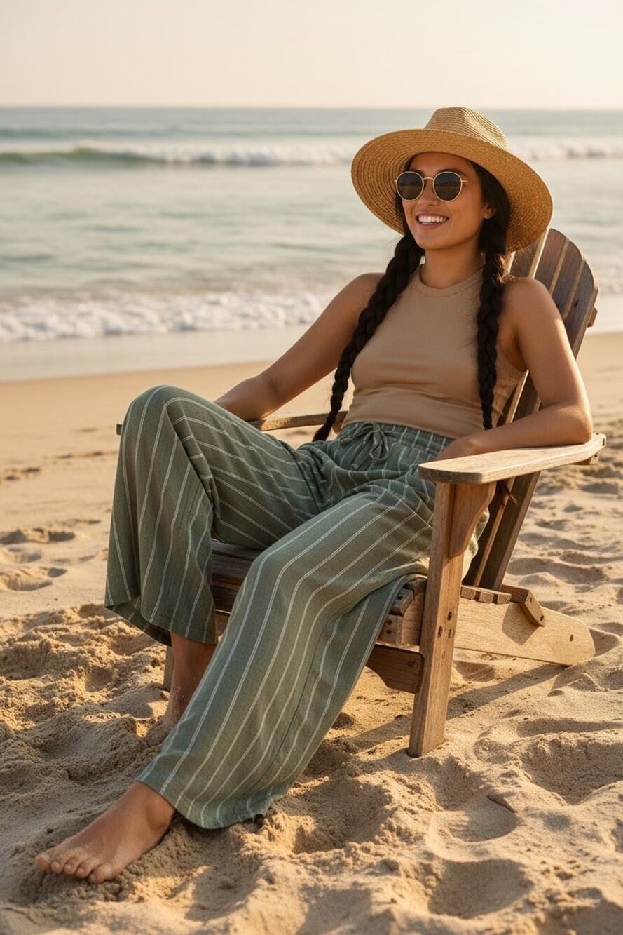 Ruby & Wren Drawstring Wide Leg Pants in Green & White Stripe Size S Nordstrom - Picture 1 of 9